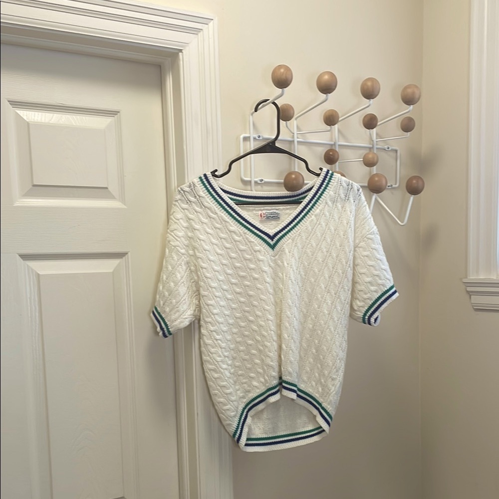 Cristin Stevens V-Neck Tennis Sweater with Green and Blue Trim - M